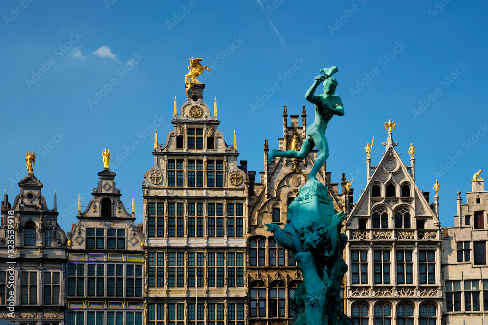 Antwerp Grote Markt old houses and monumental fountain sculpture, Belgium. Flanders
