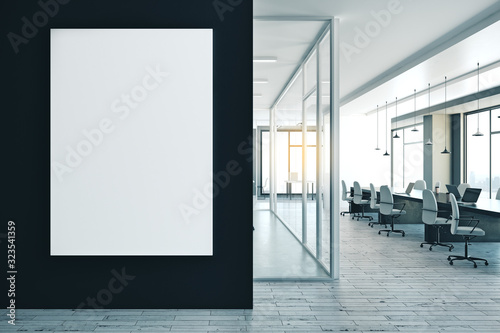 Office interior with empty banner on wall.