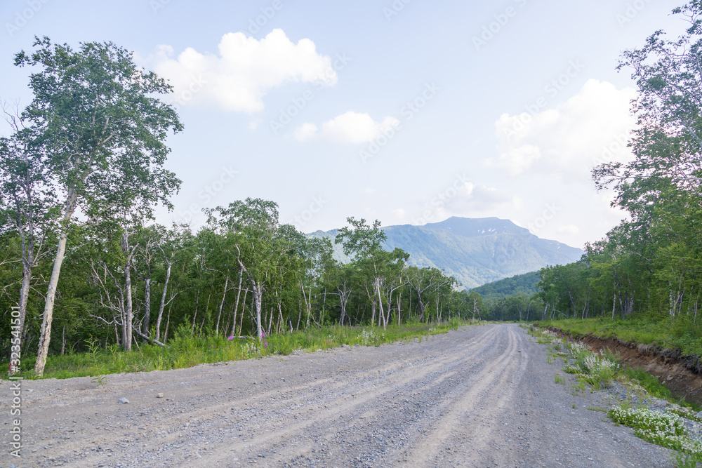 Road among the hills, Kamchatka Peninsula, Russia. - obrazy, fototapety, plakaty 
