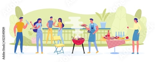 Large Company on Picnic Fries Meat and Vegetables.