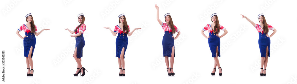 Fototapeta premium Young airhostess holding hands isolated on white