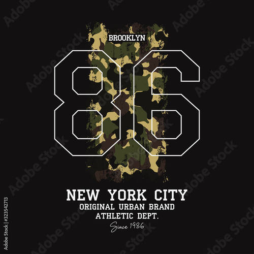New York City, Brooklyn t-shirt design with camouflage texture. Athletic apparel design with camo in military army style. Vector illustration.