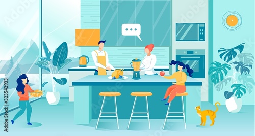 Family Cooking Food at Home in Kitchen Interior.