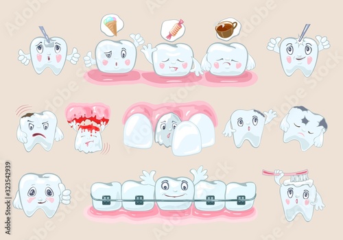 Big set with healthy and painful teeth, nutrition recommendations, solutions of stomatological problems. Dental filling placement, treatment of decay, installation of veneer, implant, braces. Vector.