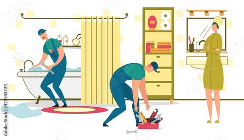 Plumbing Problems, Men Plumbers Fixing Bath Tub