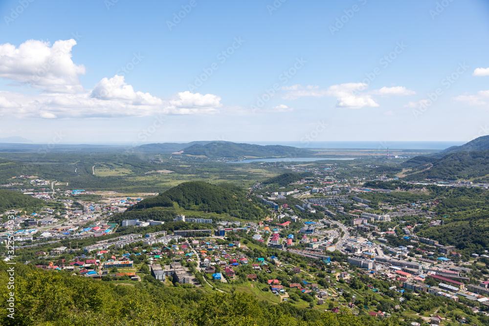 Aerial view of the city of Petropavlovsk-Kamchatsky, Kamchatka Peninsula, Russia.
