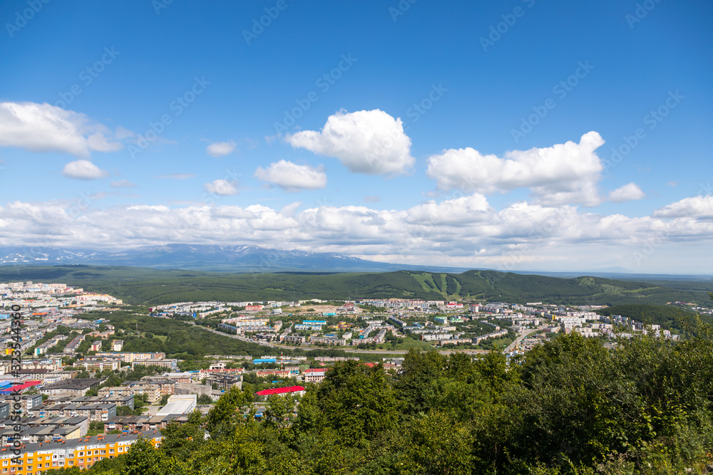 Aerial view of the city of Petropavlovsk-Kamchatsky, Kamchatka Peninsula, Russia.