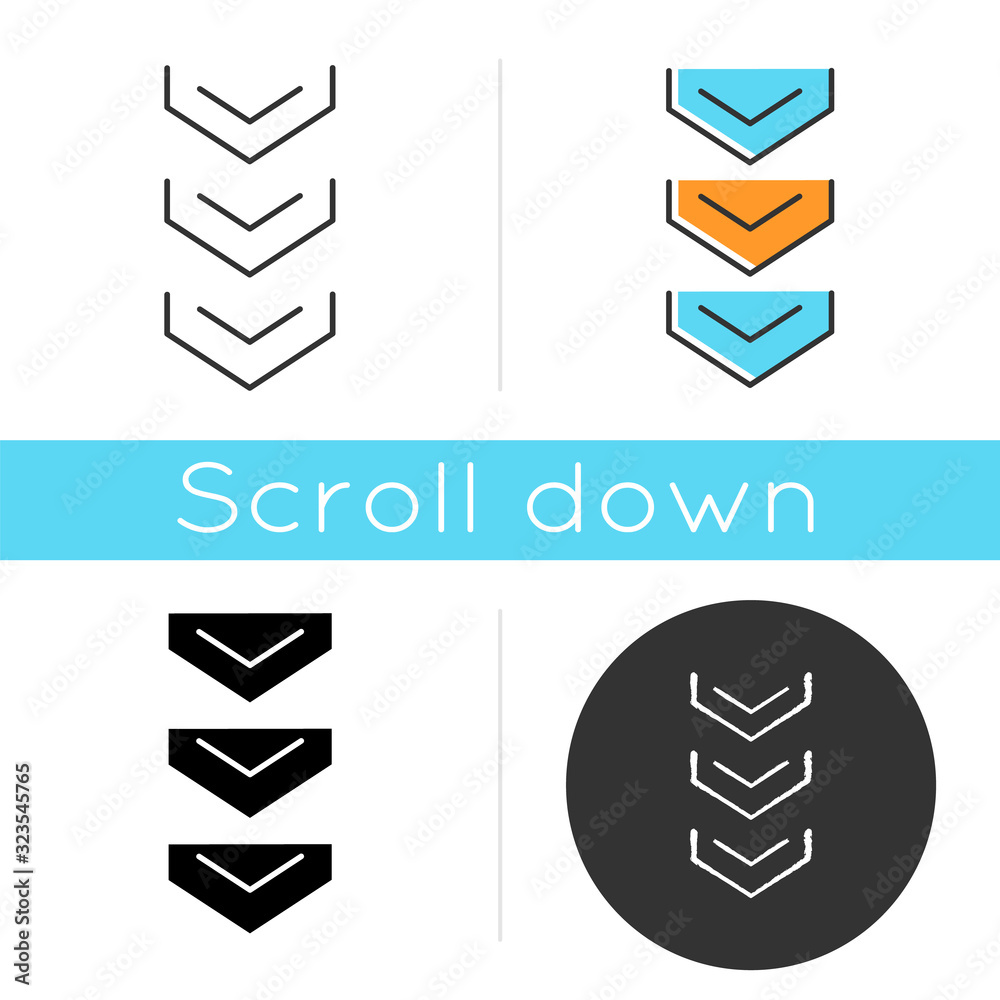 Scrolling down arrows button icon. Three downward arrowheads. Downloading process indicator for website page. Scrolldown web cursor. Linear black and RGB color styles. Isolated vector illustrations Scrolling down arrows button icon. Three downward arrowheads. Downloading process indicator for website page. Scrolldown web cursor. Linear black and RGB color styles. Isolated vector illustrations
