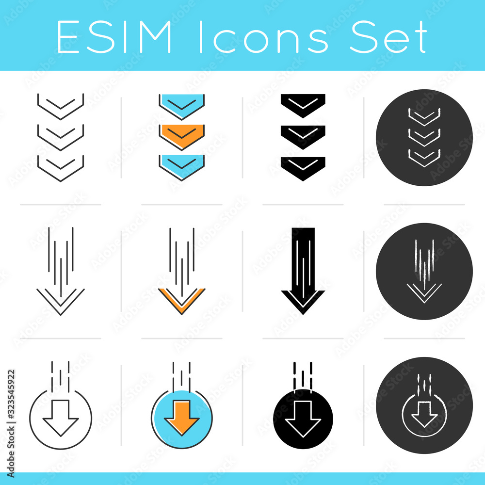 Scrolldown indicators icons set. Three arrowheads. Swipe down gesture. Moving arrows buttons. Website page browsing cursor. Linear, black and RGB color styles. Isolated vector illustrations