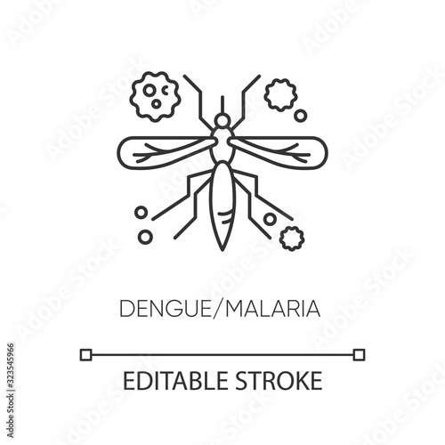 Dengue, malaria pixel perfect linear icon. Thin line customizable illustration. Tropical infectious disease, mosquito borne illness contour symbol. Vector isolated outline drawing. Editable stroke