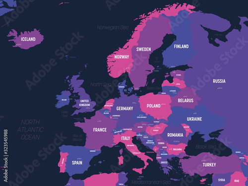 Europe map. High detailed political map of european continent with country, capital, ocean and sea names labeling