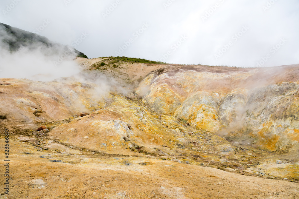 Small Valley of Geysers, Kamchatka Peninsula, Russia. This is a unique active fumarole field, the hot gases of which pass through the water of a cold stream, heating it and creating a gushing effect. Small Valley of Geysers, Kamchatka Peninsula, Russia. This is a unique active fumarole field, the hot gases of which pass through the water of a cold stream, heating it and creating a gushing effect.