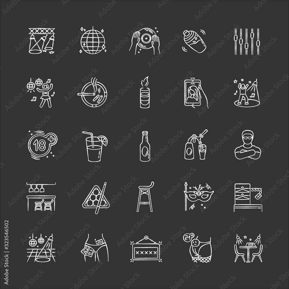 Night club chalk white icons set on black background. Entertainment venue, dancing and drinking establishment. Nightclub lifestyle, late night party. Isolated vector chalkboard illustrations Night club chalk white icons set on black background. Entertainment venue, dancing and drinking establishment. Nightclub lifestyle, late night party. Isolated vector chalkboard illustrations