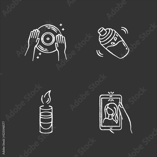 Clubbing chalk white icons set on black background. Night club recreation, entertainment venue. DJ record, cocktail shaker, hot shot and selfie isolated vector chalkboard illustrations