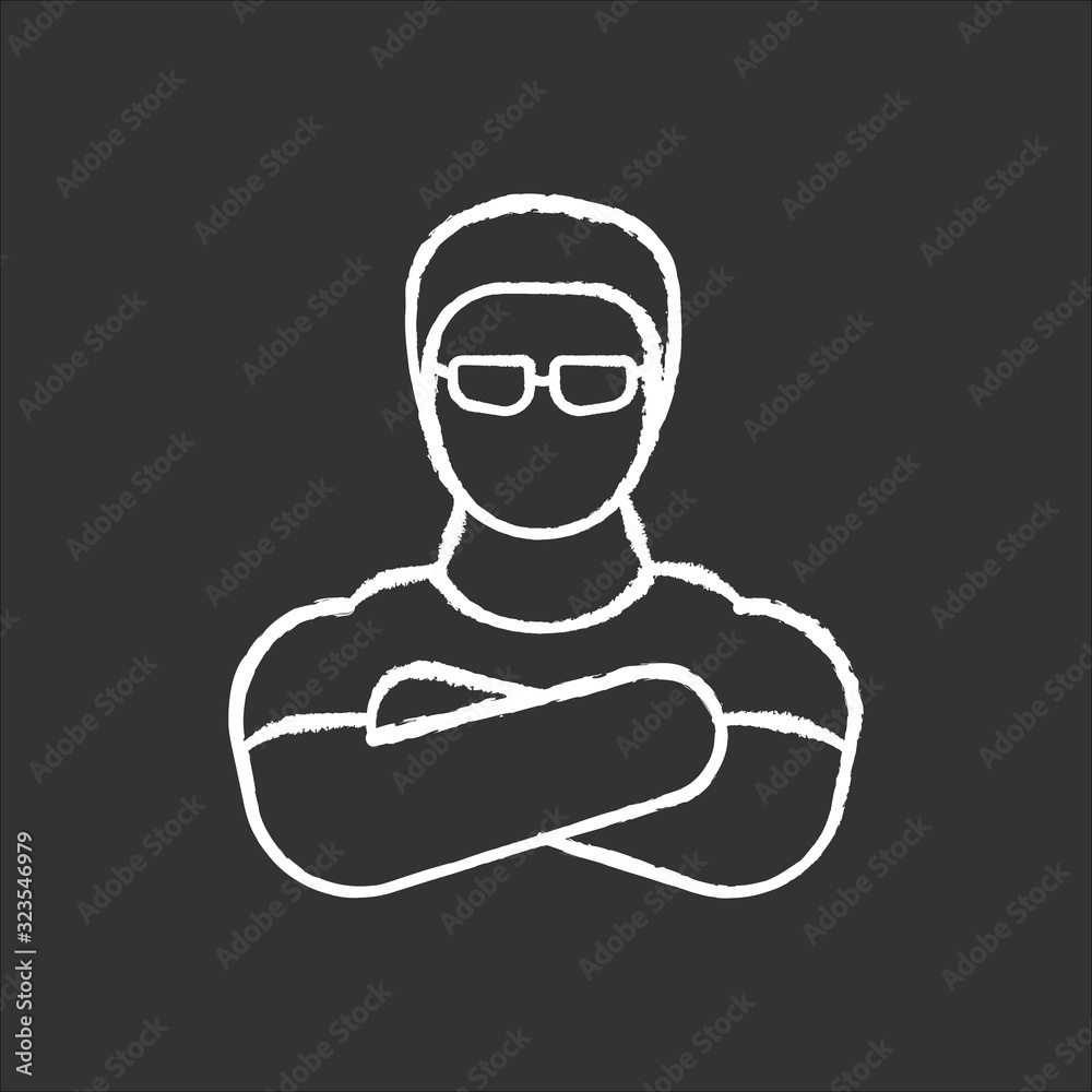Nightclub security guard chalk white icon on black background. Night club face control. Bouncer with crossed arms, strong bodyguard in sunglasses isolated vector chalkboard illustration Nightclub security guard chalk white icon on black background. Night club face control. Bouncer with crossed arms, strong bodyguard in sunglasses isolated vector chalkboard illustration