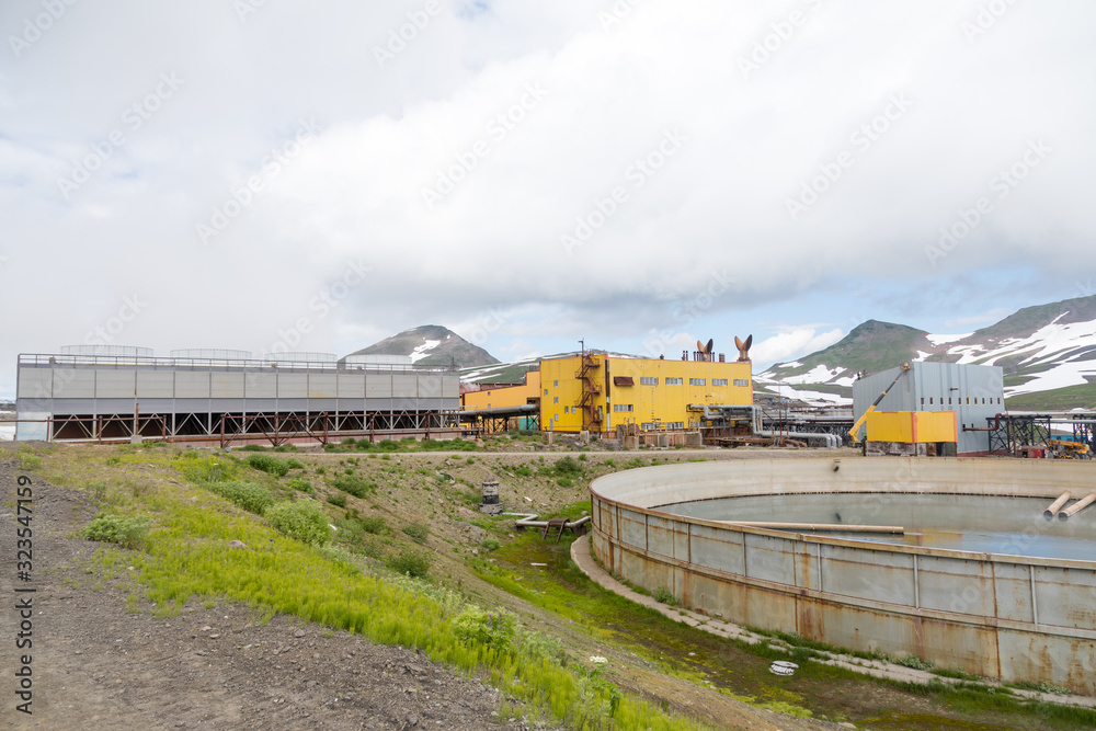 Mutnovskaya Geothermal Power Station, Kamchatka Peninsula, Russia - August 11, 2018: The station is located northeast of the Mutnovskaya hill, at an altitude of about 800 meters above sea level.