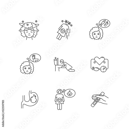 Early pregnancy symptom pixel perfect linear icons set. Feeling of dizziness. Falling from fainting. Customizable thin line contour symbols. Isolated vector outline illustrations. Editable stroke