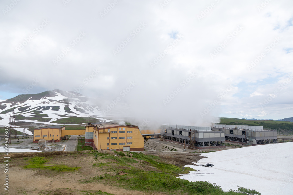Mutnovskaya Geothermal Power Station, Kamchatka Peninsula, Russia - August 11, 2018: The station is located northeast of the Mutnovskaya hill, at an altitude of about 800 meters above sea level.