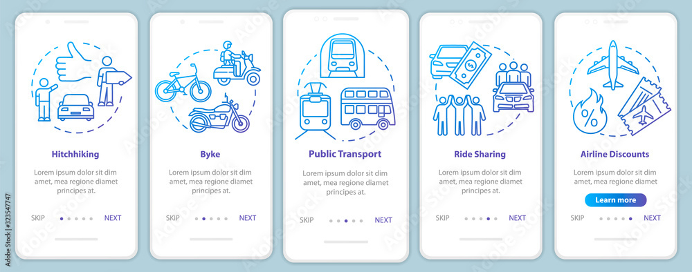 Transportation onboarding mobile app page screen with concepts. Tickets sale. Night bus. Budget travel walkthrough five steps graphic instructions. UI vector template with RGB color illustrations Transportation onboarding mobile app page screen with concepts. Tickets sale. Night bus. Budget travel walkthrough five steps graphic instructions. UI vector template with RGB color illustrations