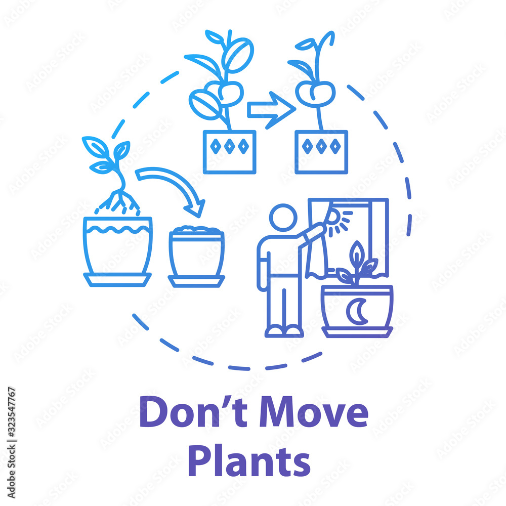 Dont move plants concept icon. Houseplants caring. Floriculture tip. Flowers acclimatization idea thin line illustration. Vector isolated outline RGB color drawing