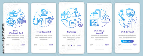 Travel tips onboarding mobile app page screen with concepts. Credit card advantages. Money saving tourism walkthrough five steps graphic instructions. UI vector template with RGB color illustrations