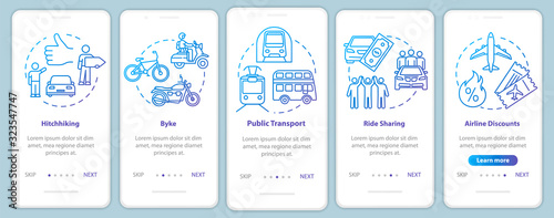 Transportation onboarding mobile app page screen with concepts. Tickets sale. Night bus. Budget travel walkthrough five steps graphic instructions. UI vector template with RGB color illustrations