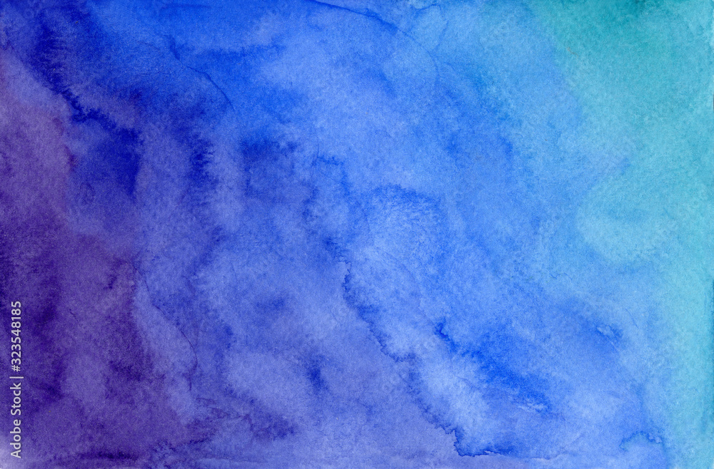 Vertical watercolor gradient from purple to blue cyan background, wash technique. Abstract night sky watercolour textured concept for banner, greeting cards design, hand drawn texture