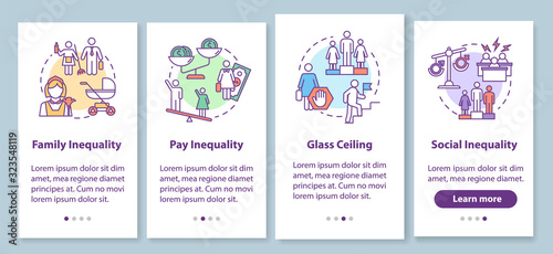 Gender inequality onboarding mobile app page screen with concepts. Women discrimination and sexism walkthrough 4 steps graphic instructions. UI vector template with RGB color illustrations