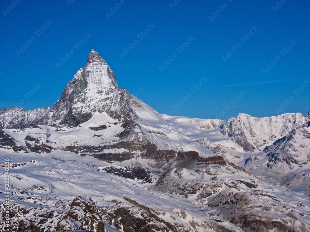 GORNERGRAT, SWITZERLAND - APRIL 13, 2011: Pyramid mountain Matterhorn - the symbol of Switzerland