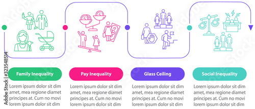Gender inequality vector infographic template. Sex role stereotypes, discrimination design elements. Data visualization with 4 steps. Process timeline chart. Workflow layout with linear icons