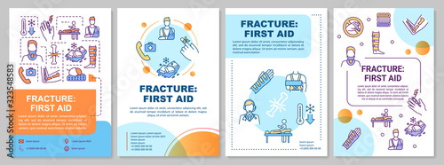 Bone fracture first aid, immobilizing and bandaging brochure template. Flyer, booklet, leaflet print, cover design with linear icons. Vector layouts for magazines, annual reports, advertising posters