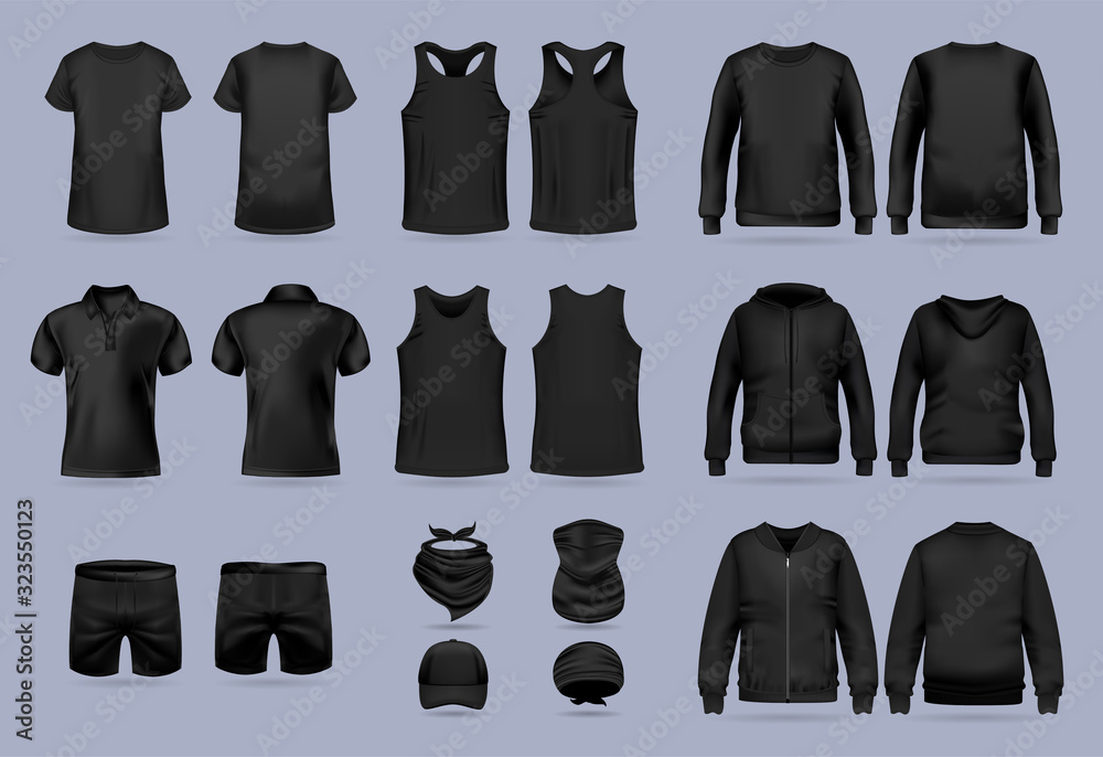 Blank black collection of men's clothing templates. T-shirt, hoodie,  sweatshirt, short sleeve polo shirt, jacket bomber, head bandanas and cap,  tank top, neck scarf and buff. Realistic vector mock up Stock Vector