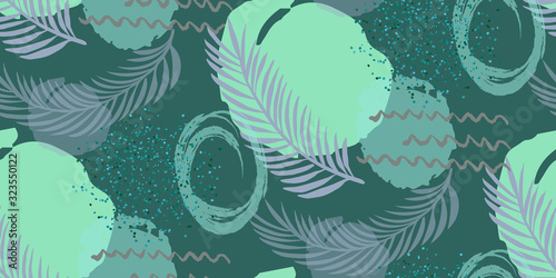 Abstract seamless pattern with hand draw circle, dots. Pink, green and gold modern pattern. Vector illustration with palm leaves.