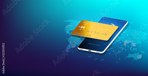 Isometric map of the world with the global financial system. Money transfer all over the world. Online money transfer concept. Businessman transfers money through a mobile app anywhere in the world.