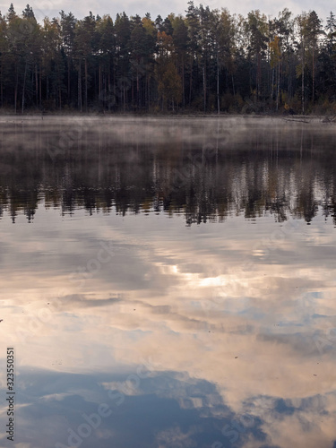 Fog over a water in a small lake. Muted colors. Pine forest in the background. Cloudy sky, Calm peaceful atmosphere. Latvia. Jurmala region.