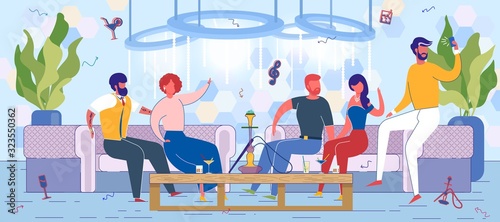 Friends Resting in Fashion Lounge Bar with Hookah.