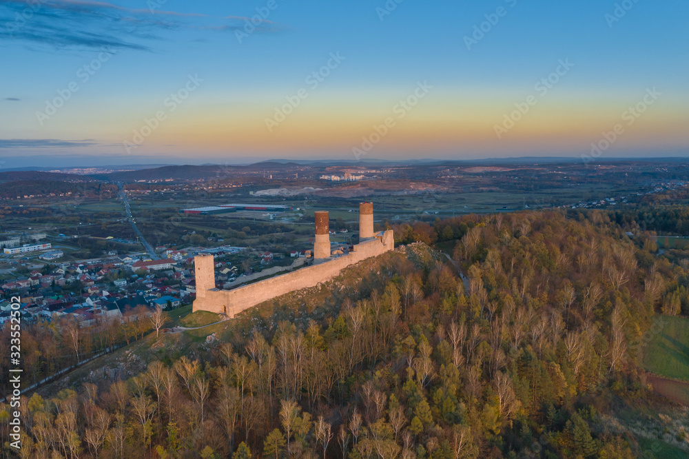 Checiny Castle near kielce,Aerial drone Poland.
