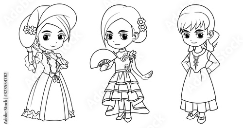 Collection of cartoon girl wearing england spanish and italian costume used for coloring book