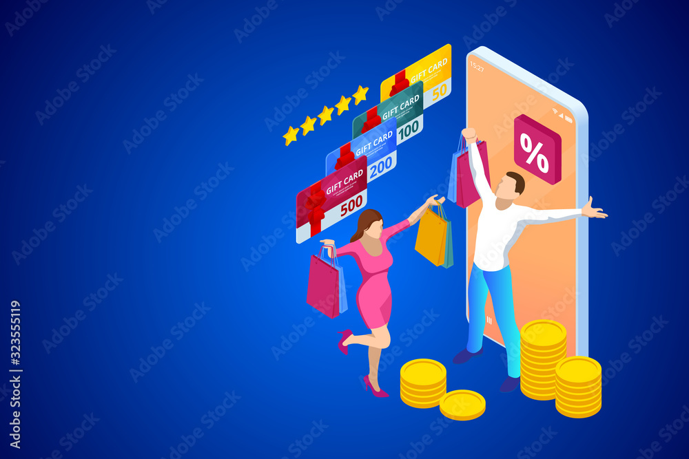 Weekend Sale and Discount Offers. Online shopping. Seasonal Sale with Discount Coupons. Isometric Smart phone online shopping concept. Online store, shopping cart icon.