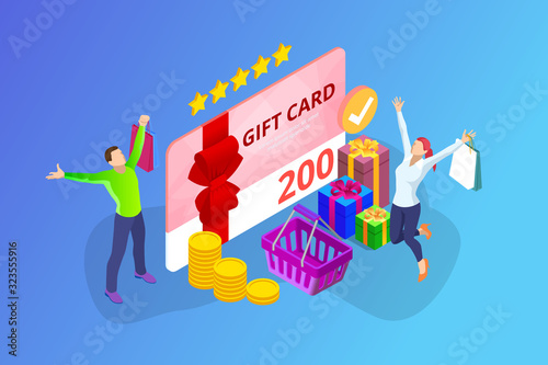 Weekend Sale and Discount Offers. Online shopping. Seasonal Sale with Discount Coupons. Isometric Smart phone online shopping concept. Online store, shopping cart icon.