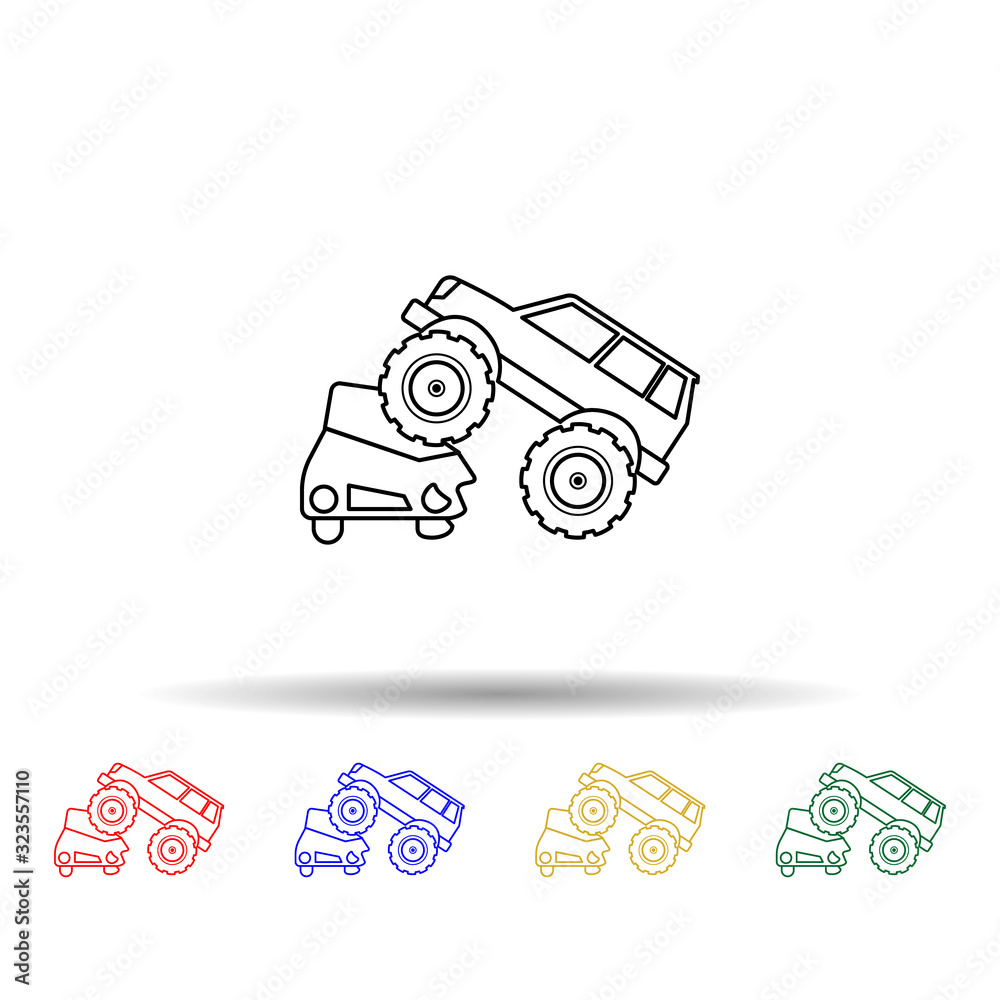 Bigfoot car crushes cars multi color style icon. Simple thin line, outline vector of bigfoot car icons for ui and ux, website or mobile application