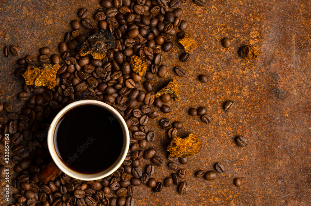 Chaga coffee with spice on the dark background Chaga coffee with spice on the dark background