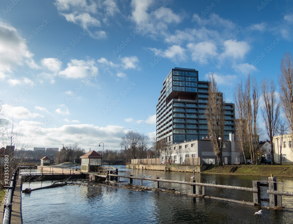 River Brda and Apartment Building in Bydgoszcz, Poland