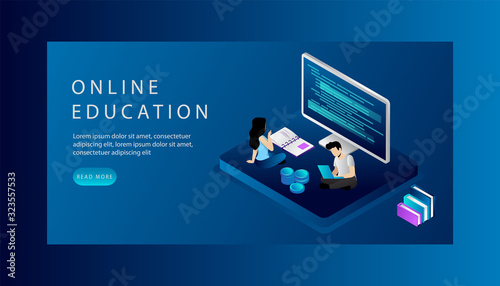 Isometric Online Education Website Landing Page Concept. Cartoon Tiny People Are Studying Online, Doing Tasks On Computers. Man And Woman Invest Time Into Education. Web Page Vector Illustration