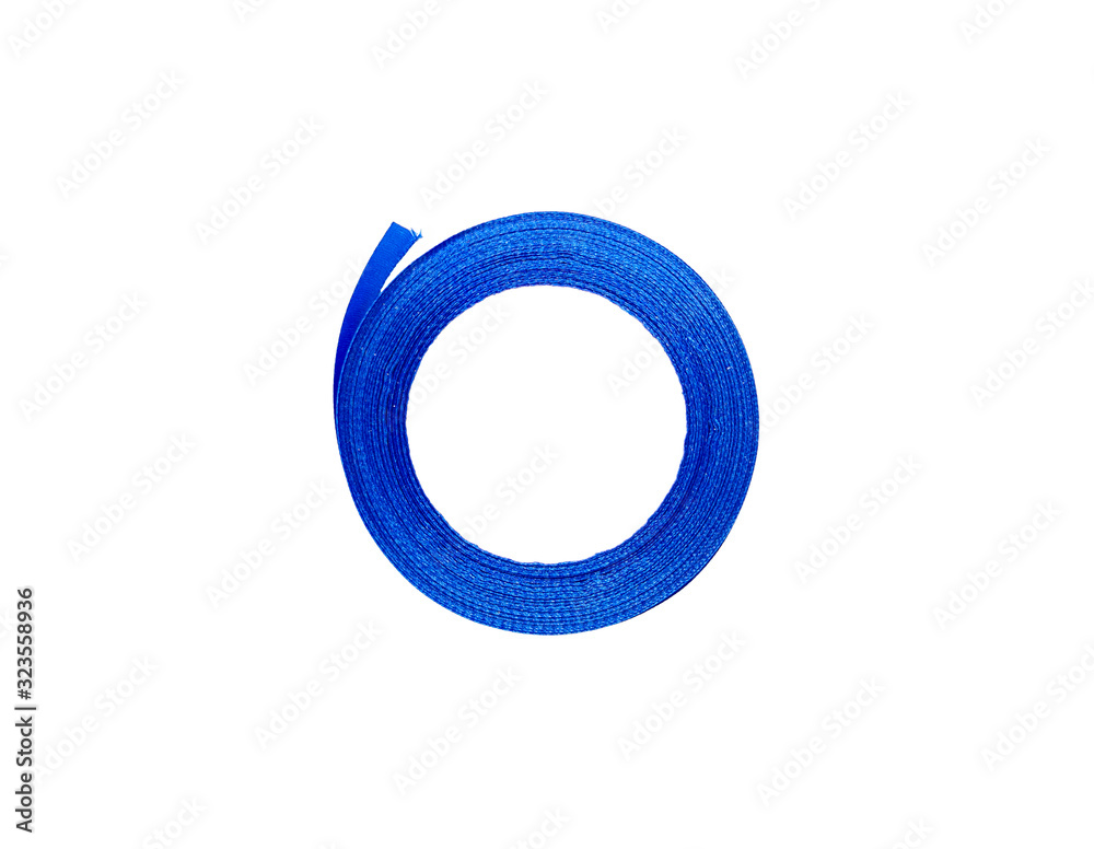 Top view of rolled blue ribbon isolated on white background. A spool of ribbon without shadow Top view of rolled blue ribbon isolated on white background. A spool of ribbon without shadow