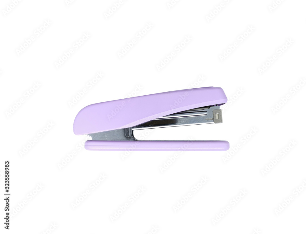Single stapler isolated on white background. A new purple stapler without shadow Single stapler isolated on white background. A new purple stapler without shadow