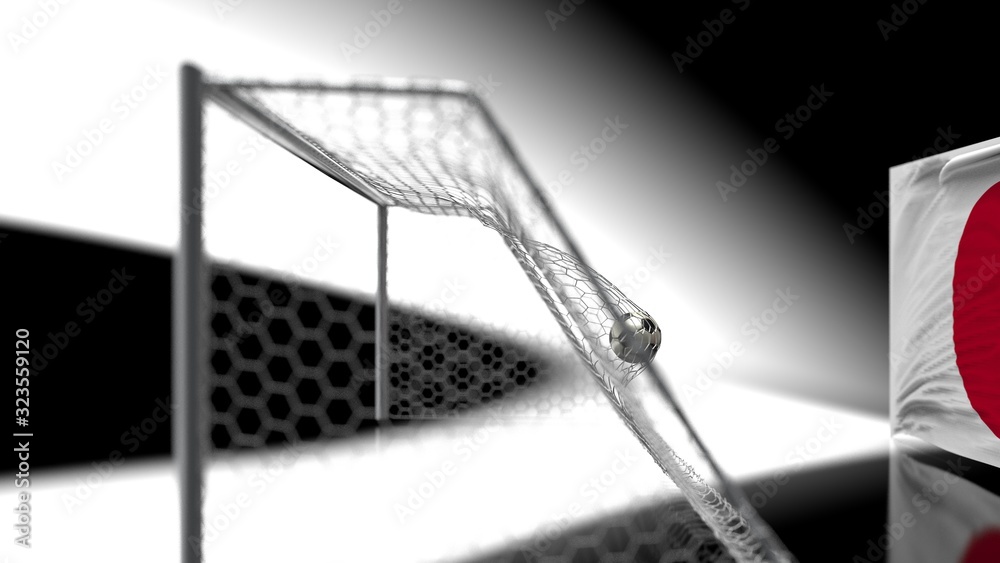 Soccer Ball in the Goal Net with Japan flag . 3D illustration. 3D high quality rendering. Soccer Ball in the Goal Net with Japan flag . 3D illustration. 3D high quality rendering.