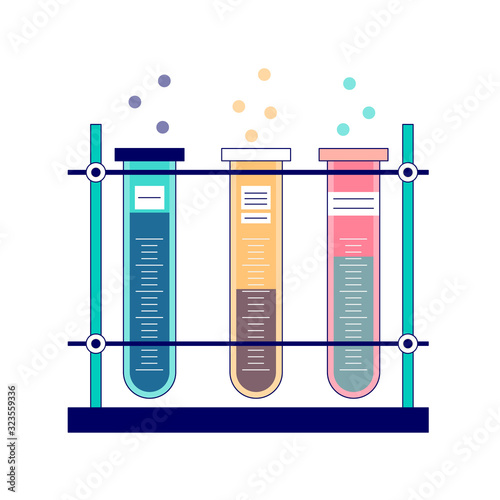 Set of test tubes bubbling carbonated liquid. Science, education, chemistry, experiment, laboratory concept. Vector illustration in flat modern thin line icon design.