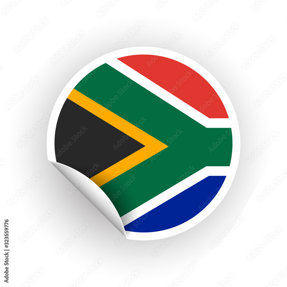 Fototapeta premium Sticker of South Africa flag with peel off corner isolated on white background. Paper banner or circle curl label sticker with flip edge. Vector color post note for advertising design.