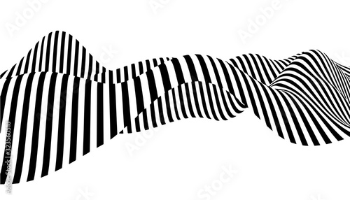 Optical illusion wave. Chess waves board. Abstract 3d black and white illusions. Horizontal lines stripes pattern or background with wavy distortion effect. Vector illustration.